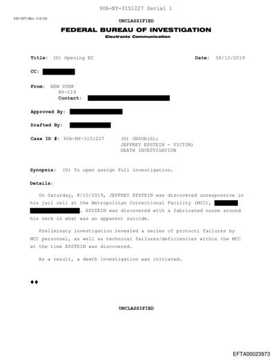 FBI Death Investigation — Jeffrey Epstein, MCC New York (90A-NY-3151227) preview