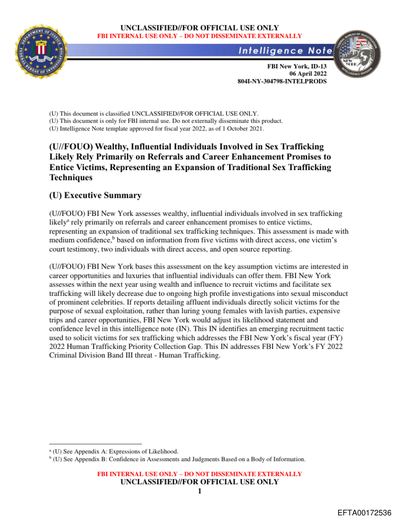 FBI Criminal Enterprise Intelligence — Human Trafficking Intel Products (804I-NY-304798) preview