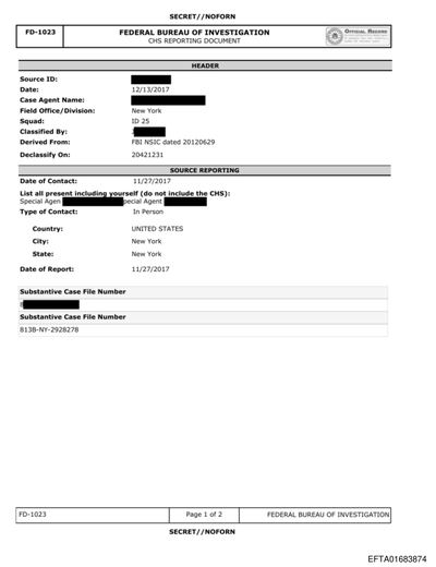 Classified Material — SECRET//ORCON//NOFORN (FBI Intelligence-Side File on Epstein) preview