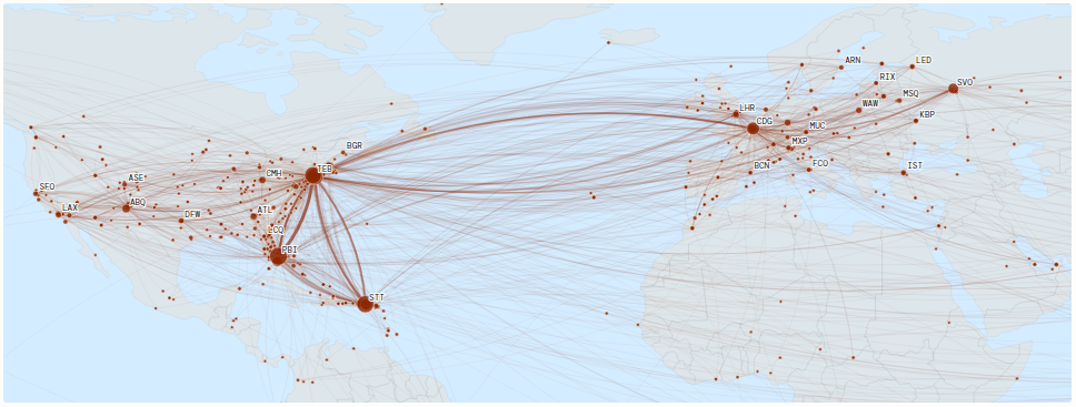 Map of the Epstein aircraft flight network, 1991-2019